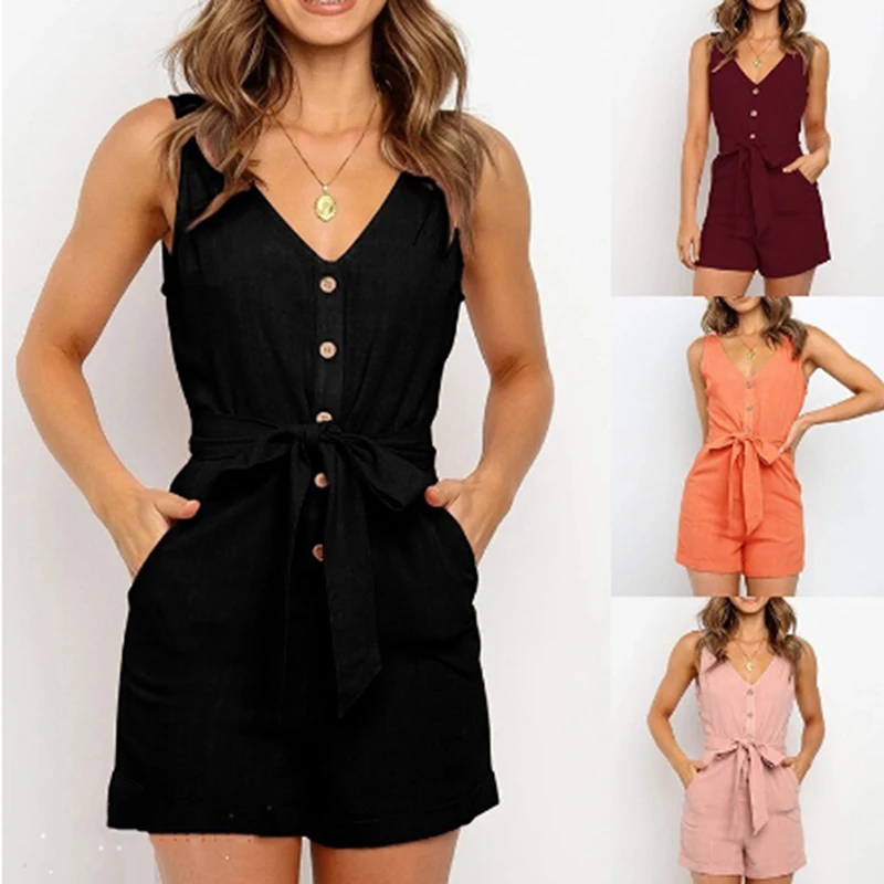 Casual Playsuit Woman Off Shoulder Belt Tunic Pink Black Solid Summer Elegant Short Jumpsuit 2020 Overalls For Women