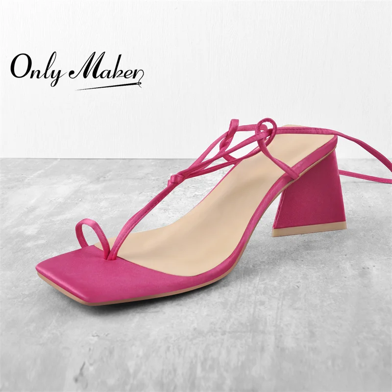 

Женские атласные сандалии Onlymaker, розовые шлепанцы на квадратном каблуке, с узким перекрестным ремешком, Повседневная модная обувь на лето