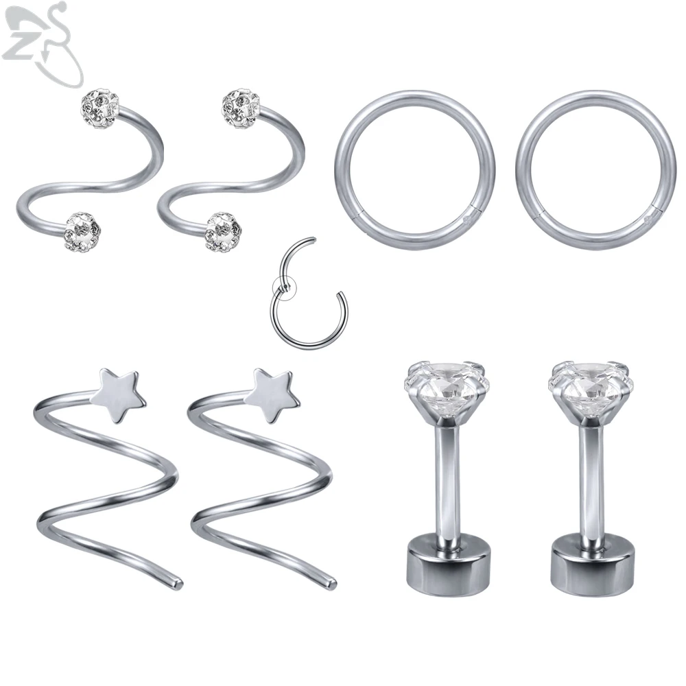 ZS 4 пара/лот Спиральные серьги хрящи циркониевые кольца для перегородки носа