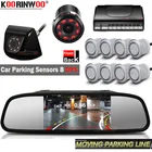 Автомобильный монитор Koorinwoo, зеркало с датчиками парковки, 8 парктроник в комплекте, интеллектуальная камера заднего вида, Передняя камера, камера ночного видения, черныйбелый