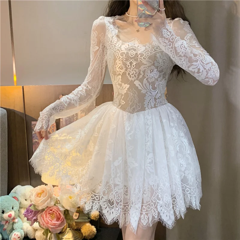 

2022 Sexy Lace Dress Women Korean Fashion Hollow Ladies Dresses Long Sleeve Square Neck Woman Dress Mesh Gauze Waist Puffy Skirt