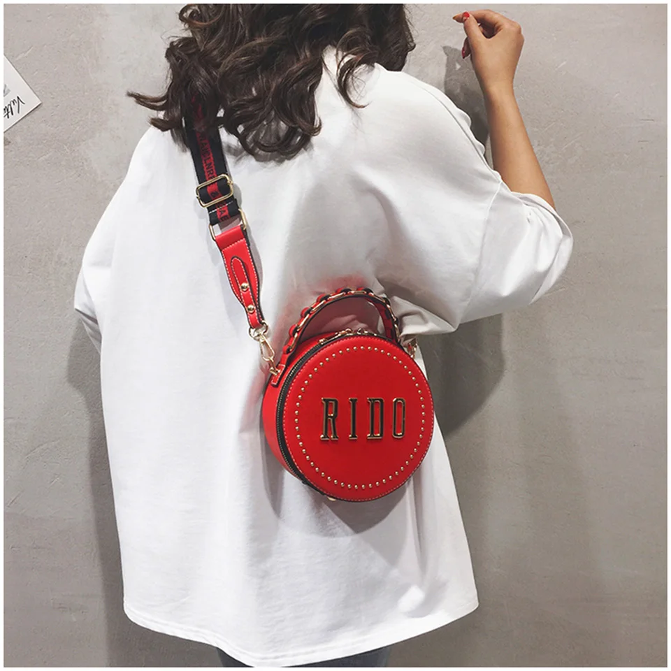 Женская винтажная сумка через плечо черная или красная круглая мессенджер с