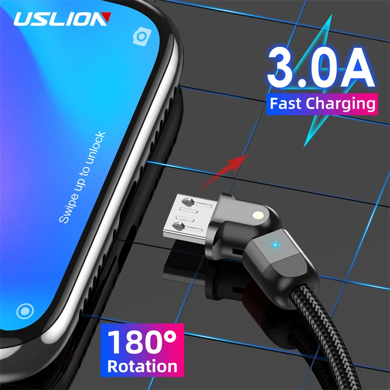 

USLION Fast Charger 3A 180 Rotation Data Cord Micro USB Cable For Samsung S7 Xiaomi Redmi Note 5 Android Phone cable usb charger