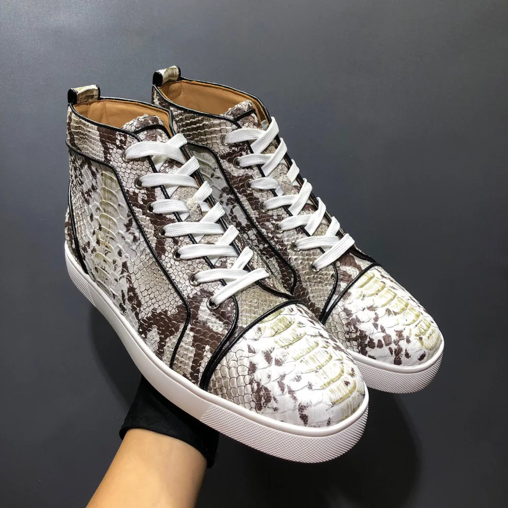 

High Top Genuine Snakeskin Leather Red Bottom Men Shoes Luxury Brand Women Casual Loafers Sneakers Driving Shoes Plus Size 47 48