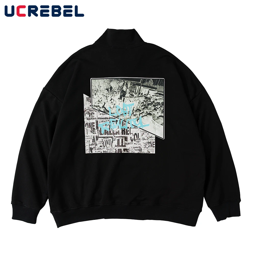 

Poster Print Sweatshirts Mens High Street Autumn Casual Streetwear Loose Stand Collar Pullover Men