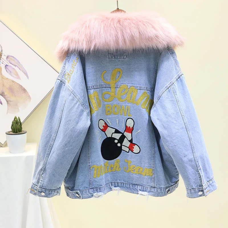 Зимняя джинсовая куртка с вышивкой Женская подкладка из овечьей шерсти + большой