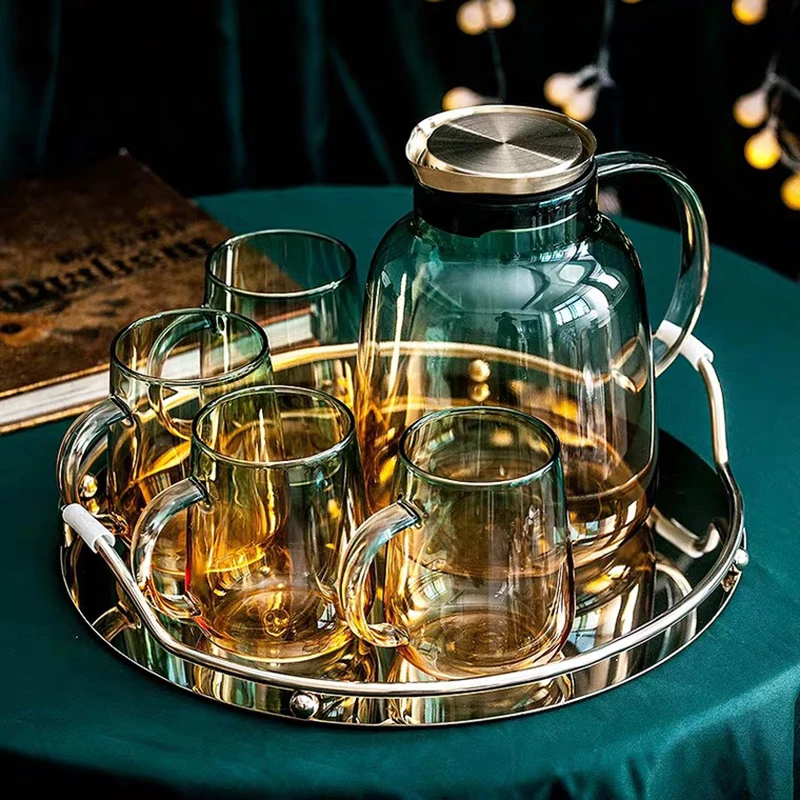 

Nordic colorful glass water bottle set A pot of 4 cups with stainless steel tray Large-capacity juice coffee tea set