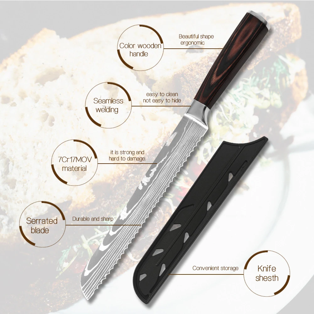 Нож для хлеба-8-дюймовый лазер из нержавеющей стали дамасский узор зубчатый