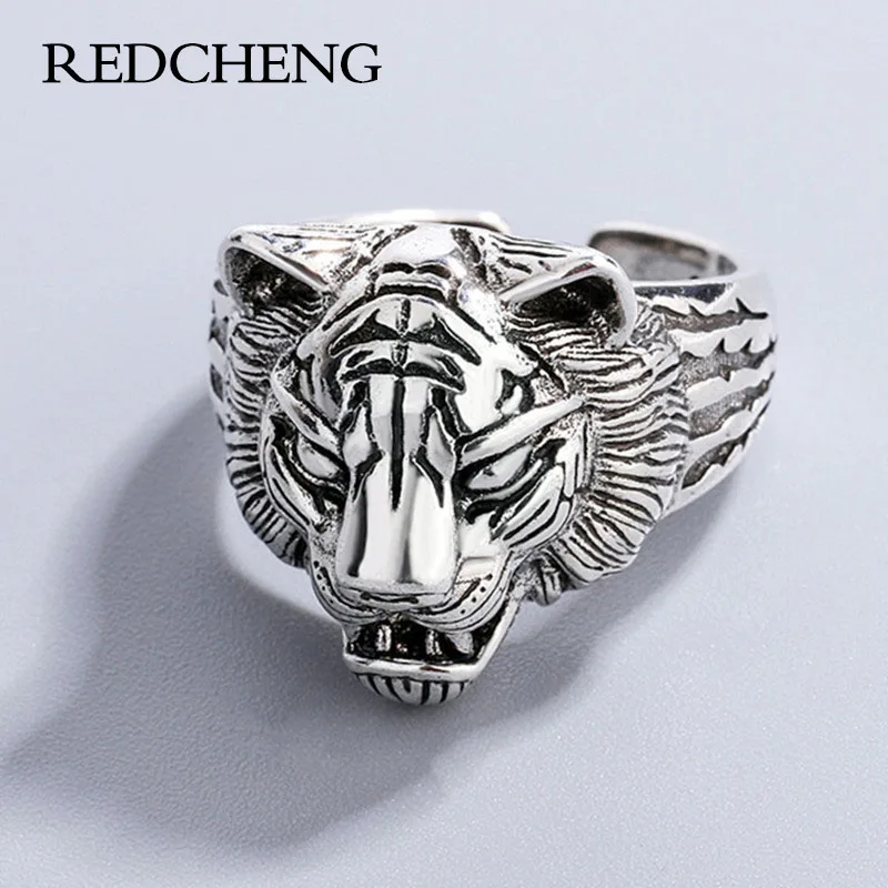 

REDCHENG 925 Sterling Silver Tiger Head Opening Ring for Women Couples Fashion Domineering Temperament Animal Party Jewelry Gift