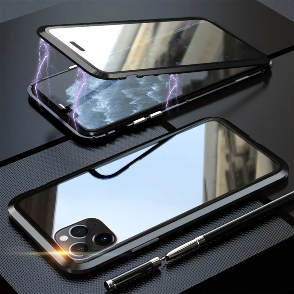 Бронированный Магнитный чехол с металлической рамкой для iPhone 11 Pro Max, двойное закаленное стекло 360, чехол на весь корпус для iPhone 11 Pro Max 11pro Funda
