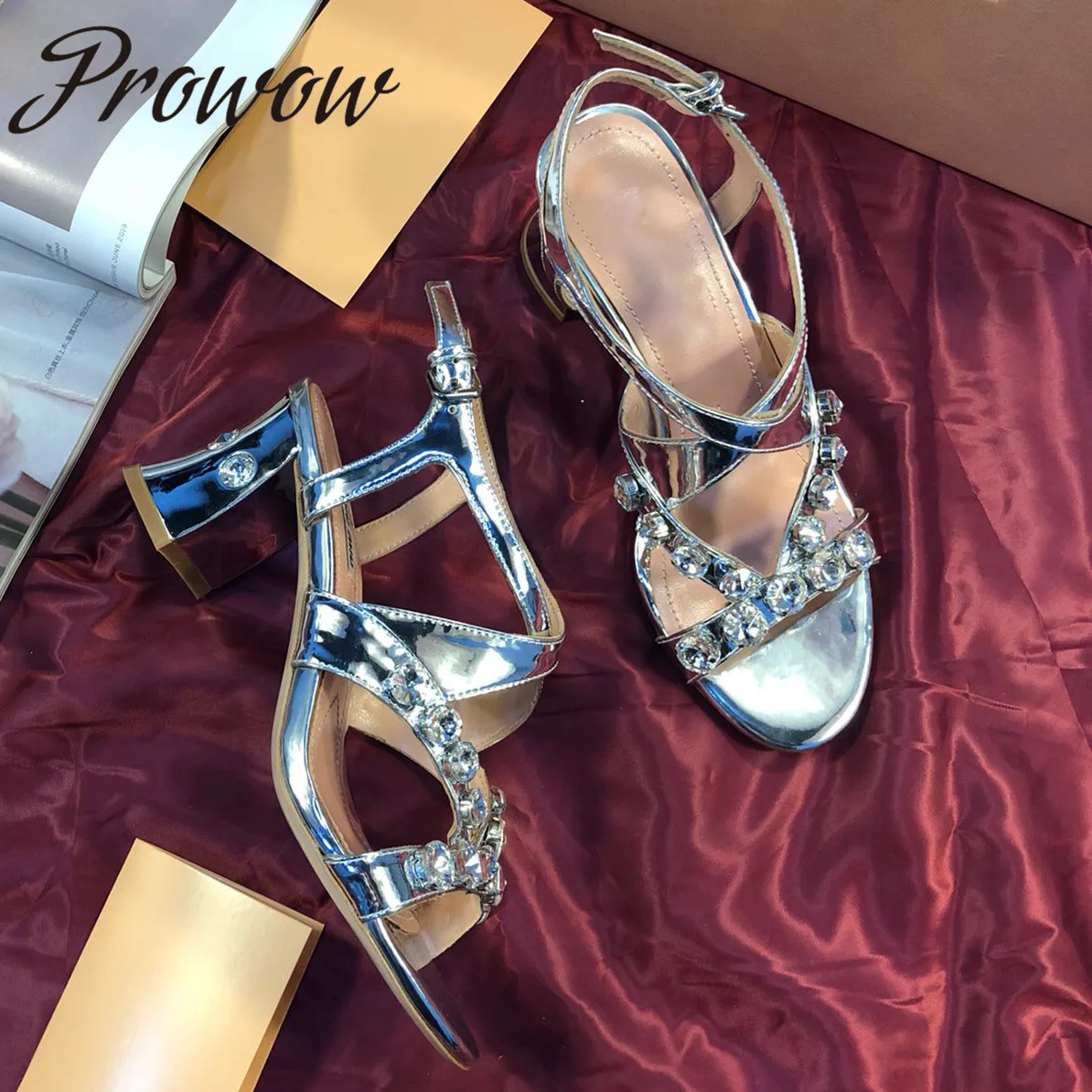 

Prowow New Summer Silver HIgh Quality Luxury Brand Sandals Crystal Beading Shoes Women