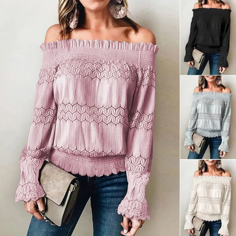 Womens Tops and Blouses 2021 Off Shoulder Lace Blouse Long Sleeve Sexy Slash Neck Ladies Lace Tops Women Shirts Blusas Feminine