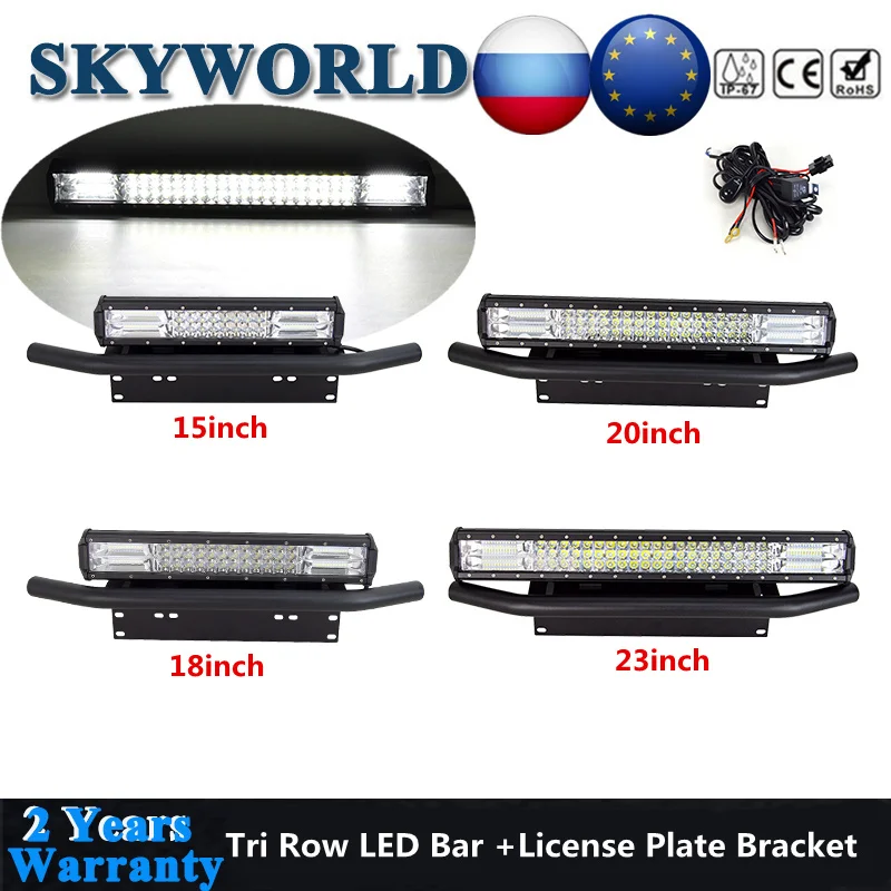 

Bull Bar Front Bumper Number License Plate Mounting Bracket + 15 18 20 23inch 3-Row LED Light Bar Offroad For Jeep Truck 4x4 SUV