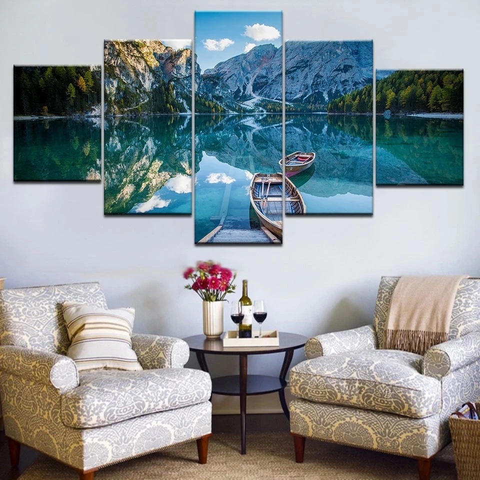 

Minimalism HD Print Painting Poster Wall Modular 5 Set Picture Lake Water Boat Modern Style Artwork Canvas Home House Decoration