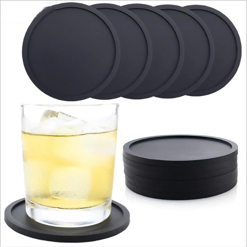

Drink Coasters Set Of 8 Non-Slip Round Household Silicone Black Soft Sleek And Durable Easy To Clean Multicolor