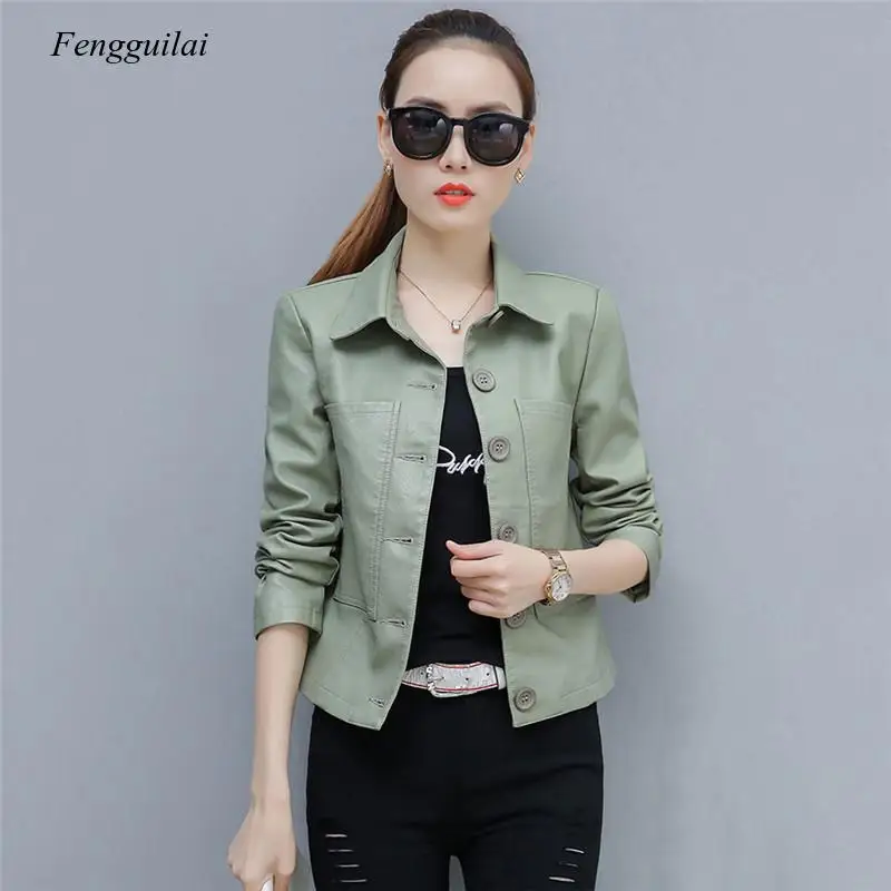 Leather Jacket Women Caramel  Short Slim Pu Coat New Spring Autumn Korean Fashion Chic Clothing