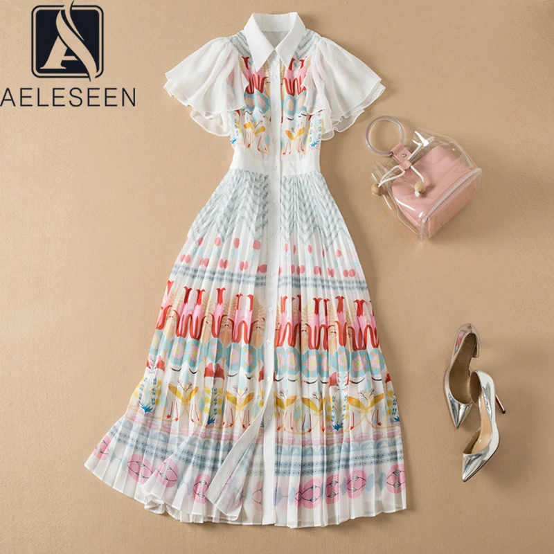 

AELESEEN Runway Fashion Women Dress Summer Flare Sleeve Flower Print Elegant Long Chiffon Pleated Dresses