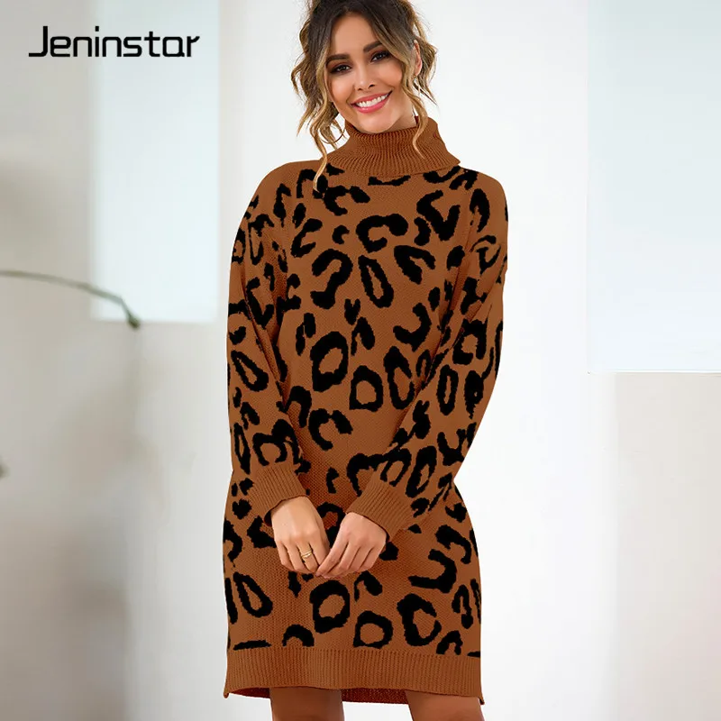 Jeninstar Осень Леопардовый принт длинный свитер с высоким воротом Топы повседневное