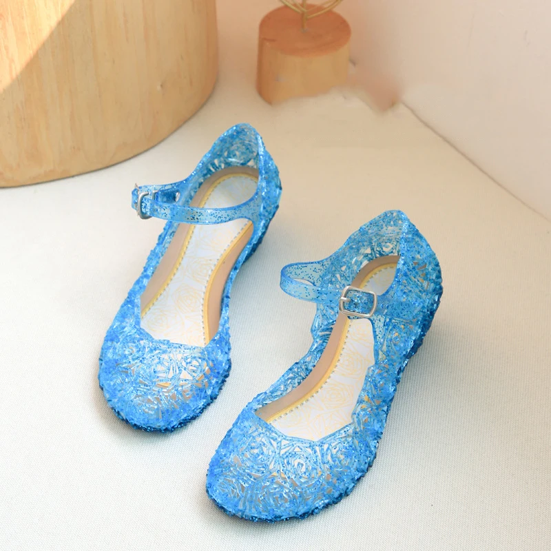 

Blue Princess Jelly Shoes For Girls Kids Shining Crystal Shoes Halloween Costumes Beach Sandals Summer Princess Cosplay