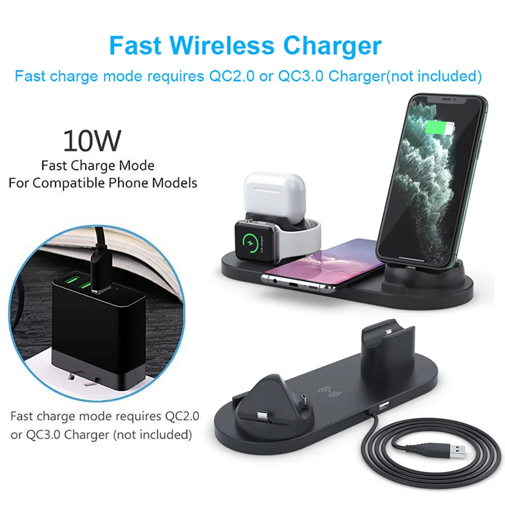 dcae 6 in 1 wireless charger dock station for iphoneandroidtype c usb phones 10w qi fast charging for apple watch airpods pro free global shipping