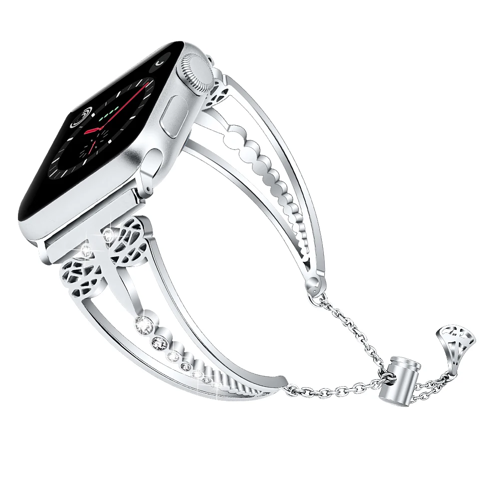 silver Для женщин алмаз ремешок для наручных часов Apple Watch 38 мм, 42 мм, iWatch, версия 5 4 полоса 40 мм 44 мм, ремешок из нержавеющей стали серии 3/2/1 - Цвет ремешка: silver