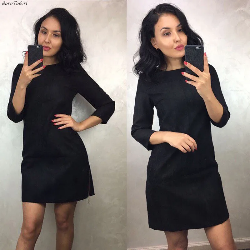 BornToGirl Осень Зима Женское платье с рукавом 3/4 и круглым вырезом тонкое черное серое коричневое красное Замшевое платье