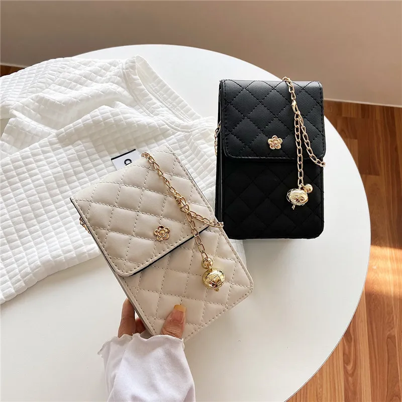 

European Small Square Bag Fashion PU Lingge Women Shoulder Bag Metal Ball Chain Messenger Bag Simple Female's Mobile Phone Bag