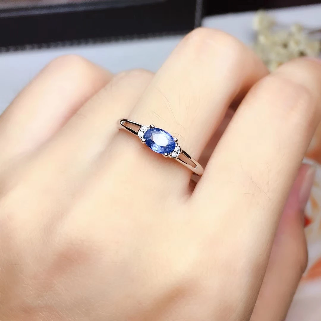 Элегантный Простой вилка круглый натуральный голубой сапфир кольцо с камнем S925
