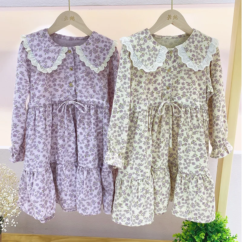 

Children's Dresses Lace Doll Collar Spring Floral Dress for Girls Thicken Sanded 100% Cotton Princess Dress Autumn Kids Clothes
