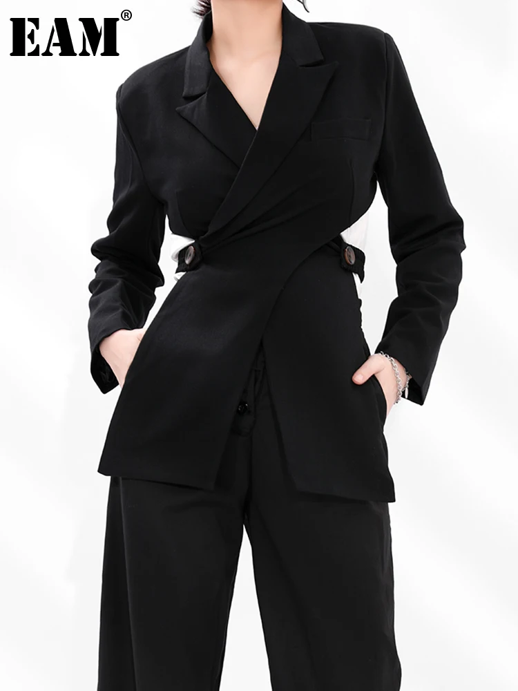 

[EAM] Women Cross Spliced Black Long Blazer New Lapel Long Sleeve Loose Fit Jacket Fashion Tide Spring Autumn 2021 1T44701