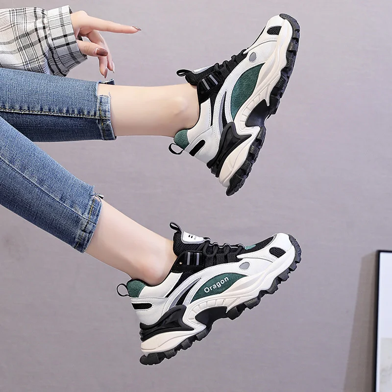 

Women's Chunky Sneakers Genuine Leather Woman Shoes Casual Shoes New Dad Soles Mesh Luxury Ladies Platform Footwear 2021