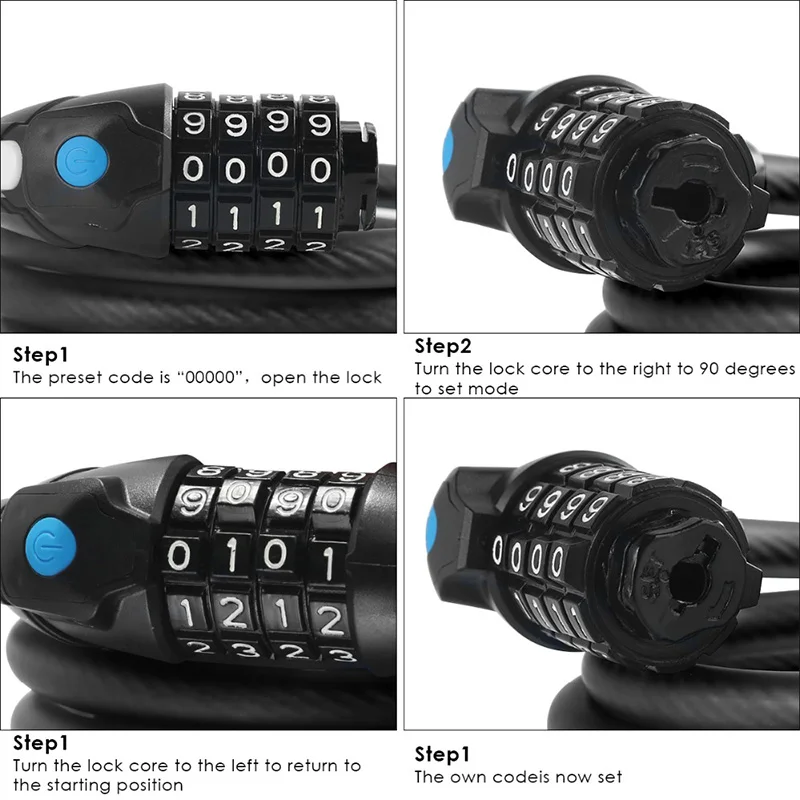 Bike Lock 4 Digit Code Combination Bicycle Security Steel Cable Spiral Cycling with Holder &amp LED Ligh | Спорт и развлечения