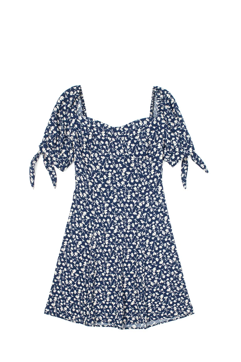 

2021 Summer French Square Neck Floral Short Sleeve Dress Shows Thin and Versatile White High Waist Short Skirt