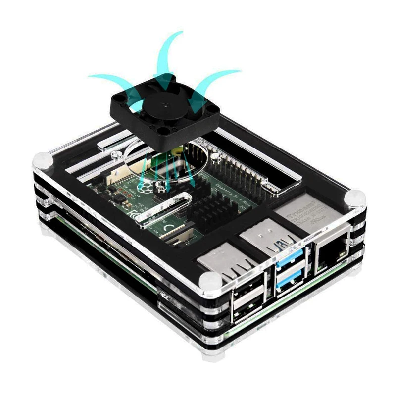 Акриловый чехол для Raspberry Pi 4 черный прозрачный корпус + охлаждающий вентилятор