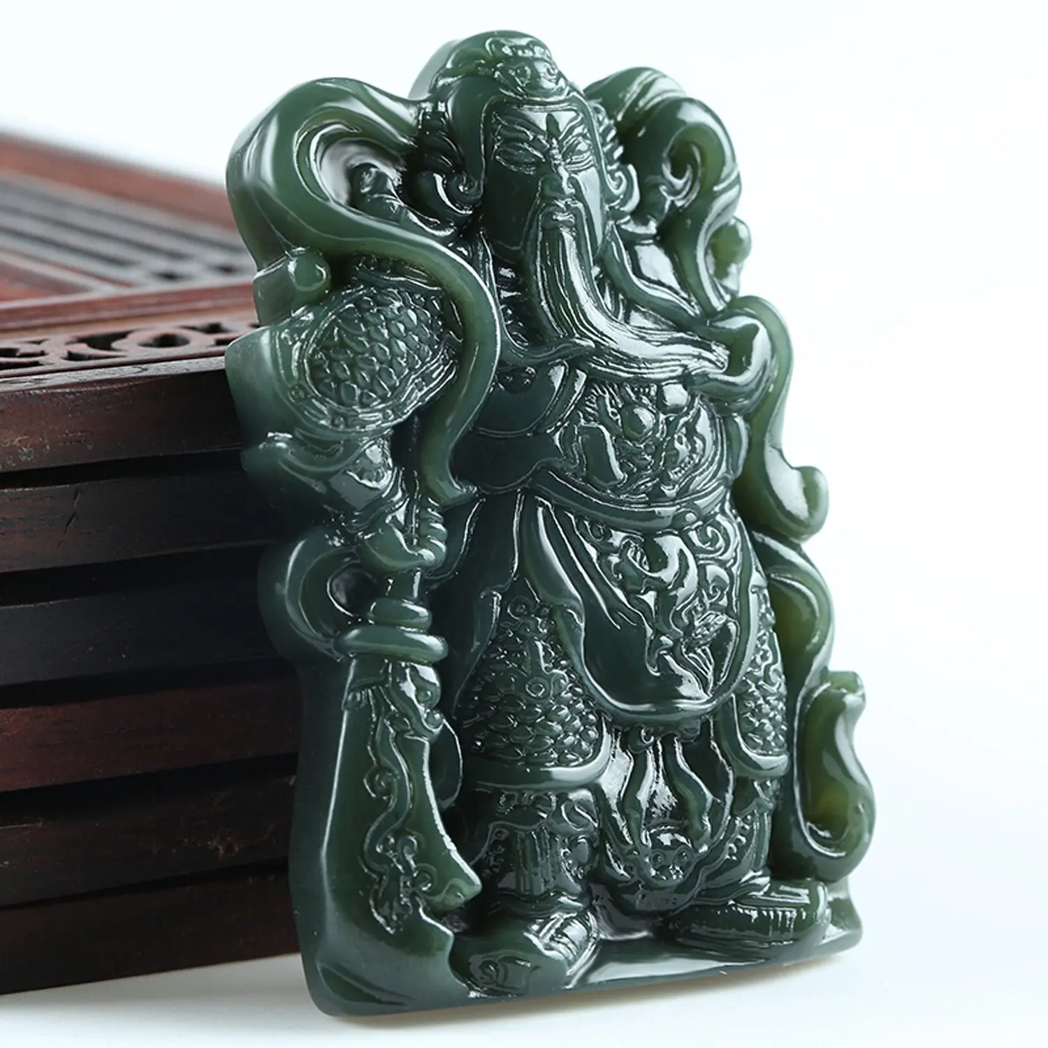 LETSFUN изящные ювелирные изделия натуральный резной зеленый нефрит Wu God of богатство