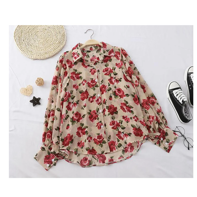 Винтажная Цветочная шифоновая блузка для женщин 2019 весна осень длинный рукав