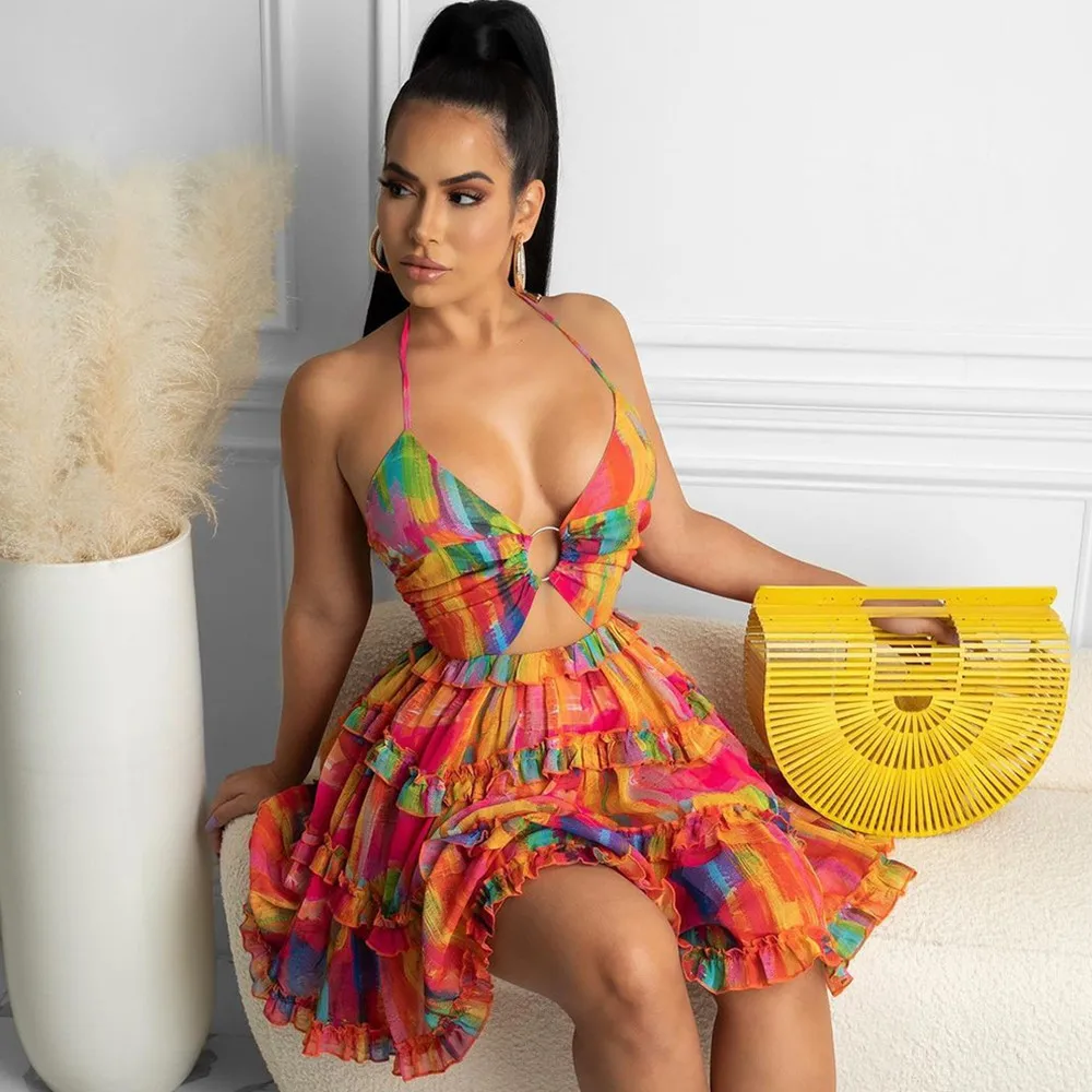 

Hirigin женское пикантное мини-платье с открытой спиной и цветочным принтом пляжные платья с О-образным вырезом с открытой спиной с оборками на...