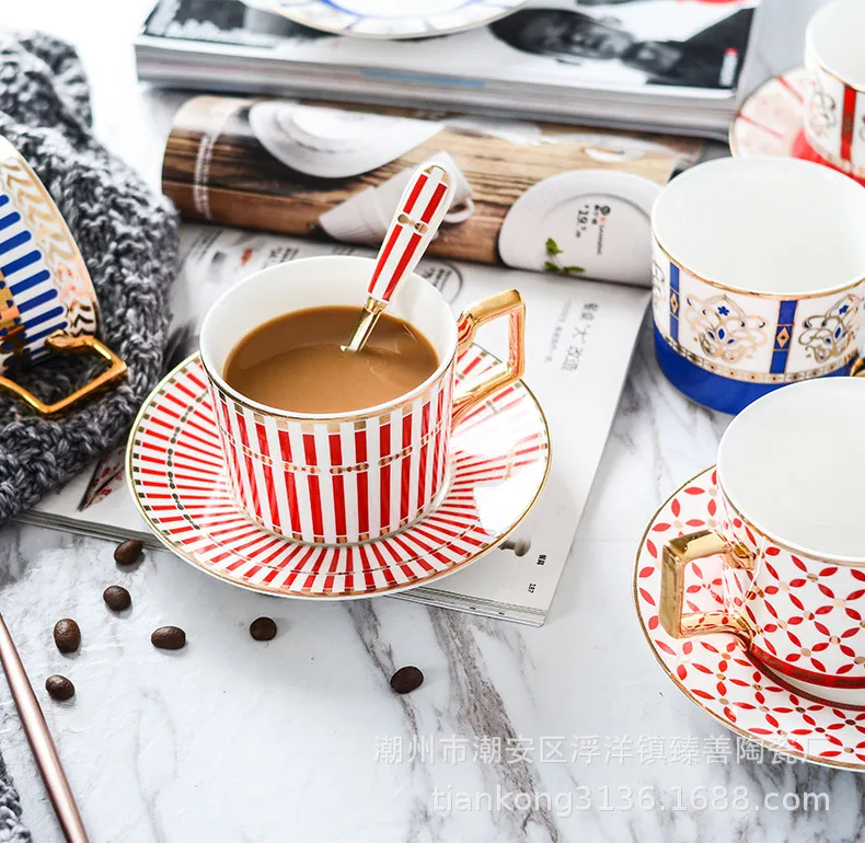 European style gold ceramic coffee cup and saucer high-end gift set simple afternoon flower tea with spoon | Дом и сад