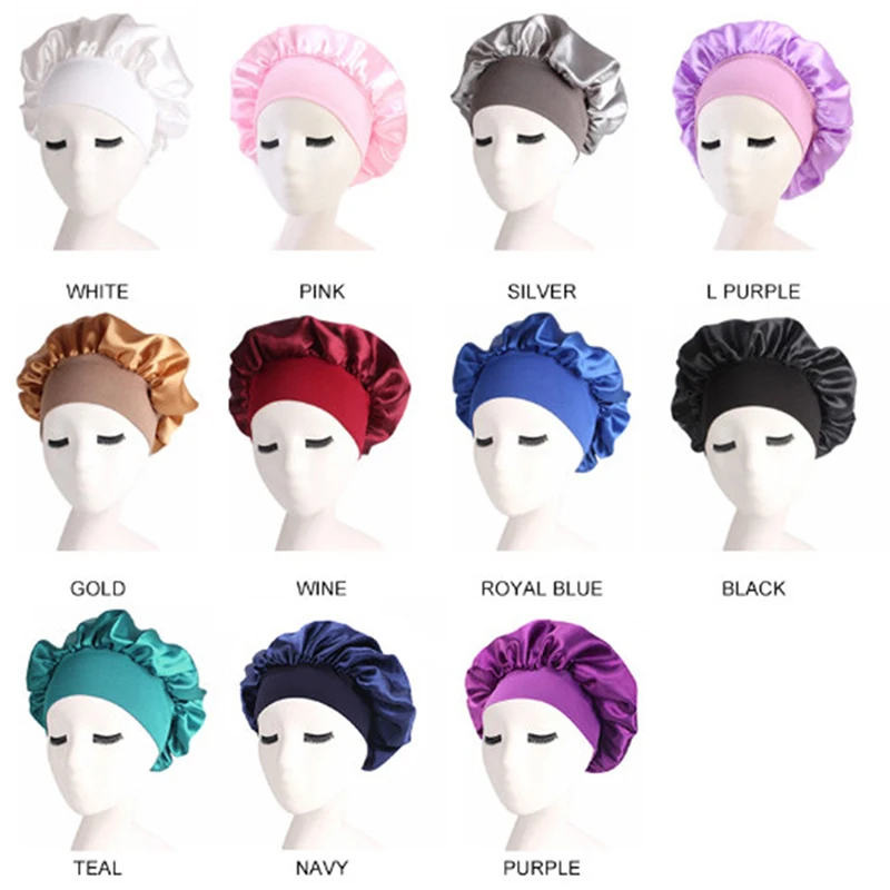 1pc Silk Head Wrap Shower Cap Adjust Solid Satin Bonnet Hair Styling Long Care Women Night Sleep Hat Tools | Красота и здоровье