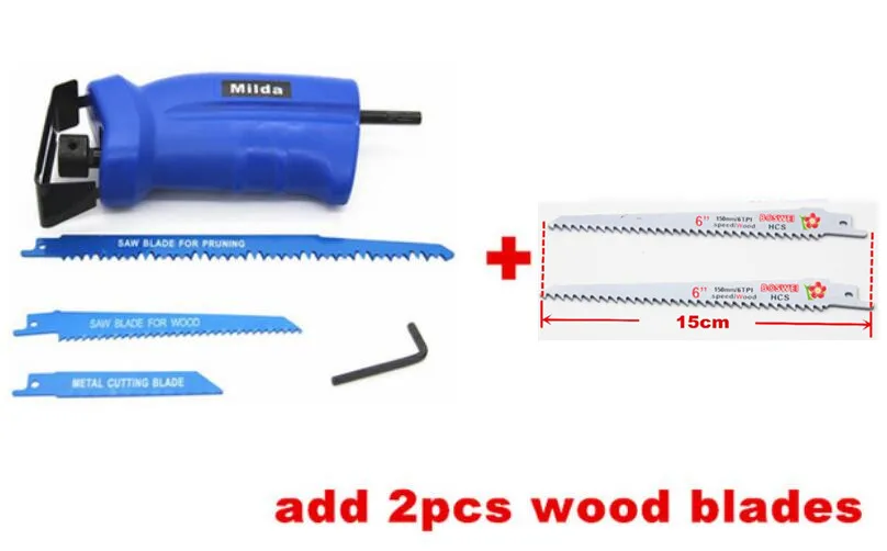 add 2pcs wood blades Milda сабельная пила, электрическая дрель, насадка, электроинструмент, аксессуары для резки металла, дерева, режущий инструмент, есть 3 лезвия - Цвет: add 2pcs wood blades
