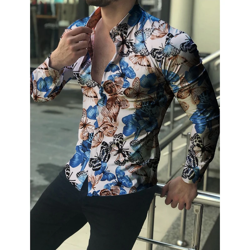 Mens Formal Shirts Long Sleeve Printed Business Tops Slim Fit T-shirts Blouse