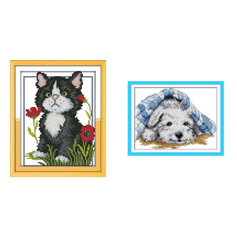 

Наборы для вышивки крестиком 2 шт., Набор для вышивки с рисунком маленькой милой собаки 14 шт. 27x20 см и с цветами 14 шт. 17x21 см