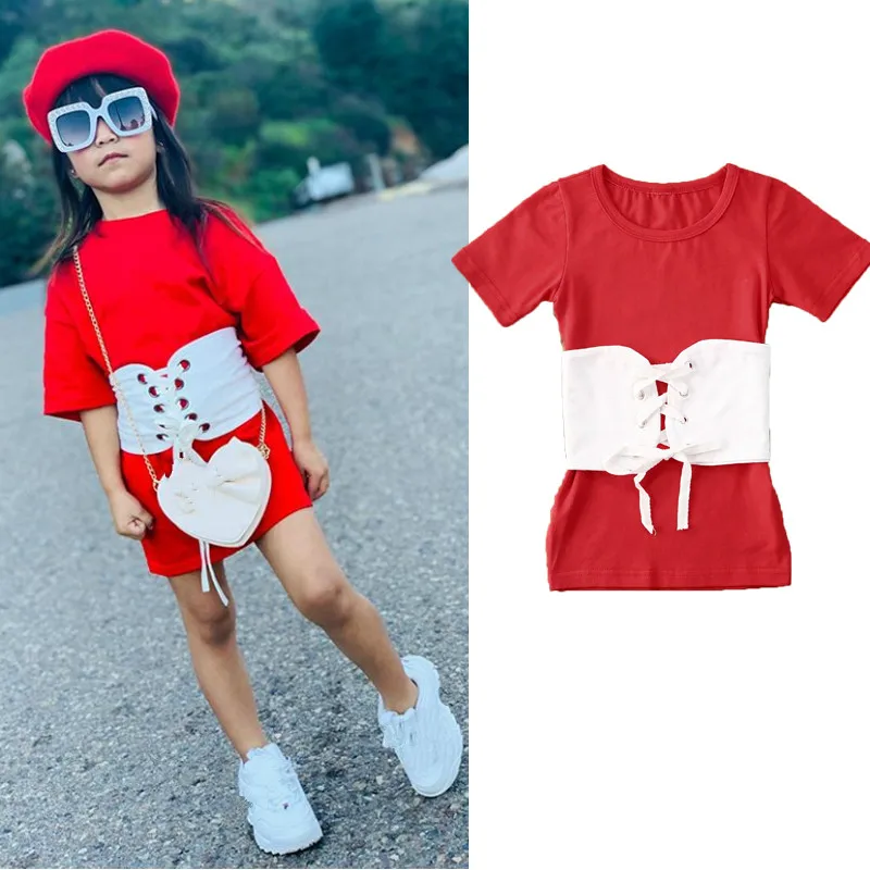 От 0 до 5 лет модное летнее платье для маленьких девочек + ремень 2 предмета красное