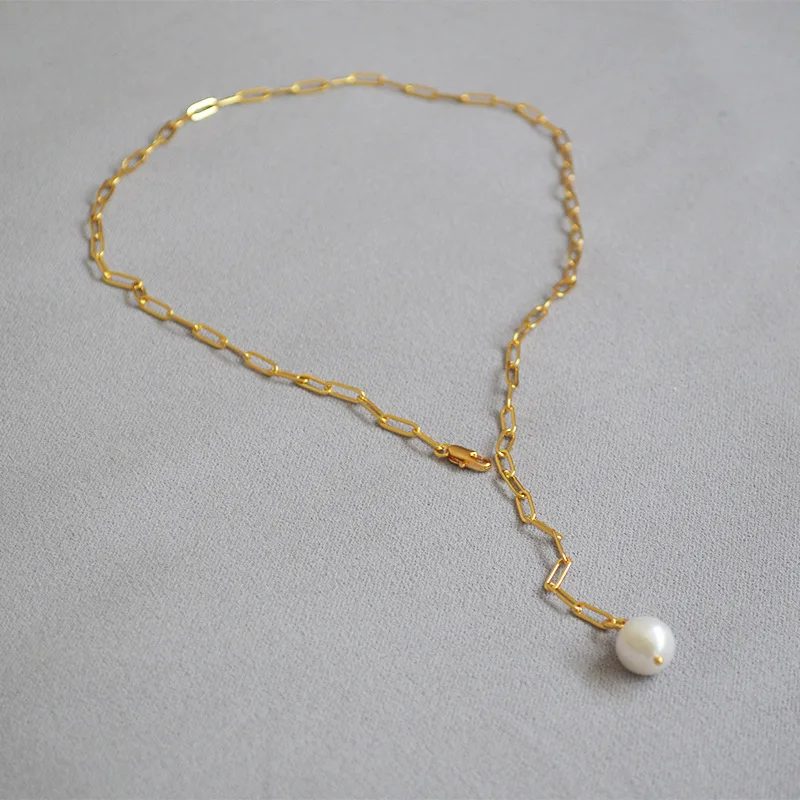 

European and American slender buckle chain freshwater baroque pearl simple cold temperament necklace Y-chain