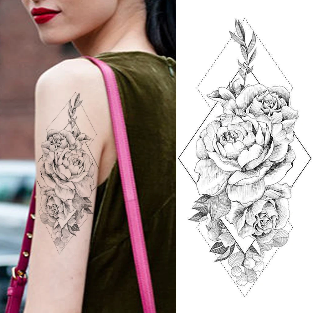 Геометрические татуировки Lotus Rose наклейки реалистичные поддельные черные цветы