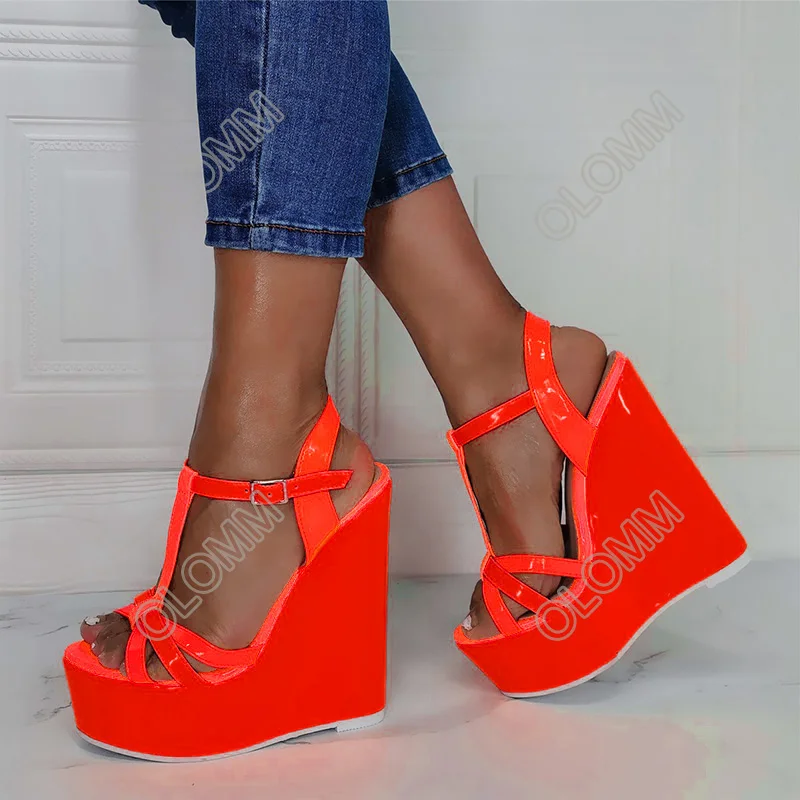 

Olomm Women Platform T-Strap Sandals Glossy Sexy Wedges Heel Open Toe Gorgeous 8 Color Party Shoes Women US Plus Size 5-20