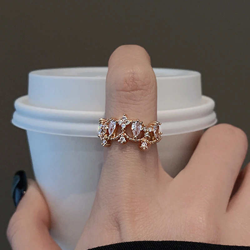 

Luxury Advanced 14k Real Gold Crown Rings for Women Jewelry Adjustable Open Design Inlay High Quality AAA Zircon Party Gift