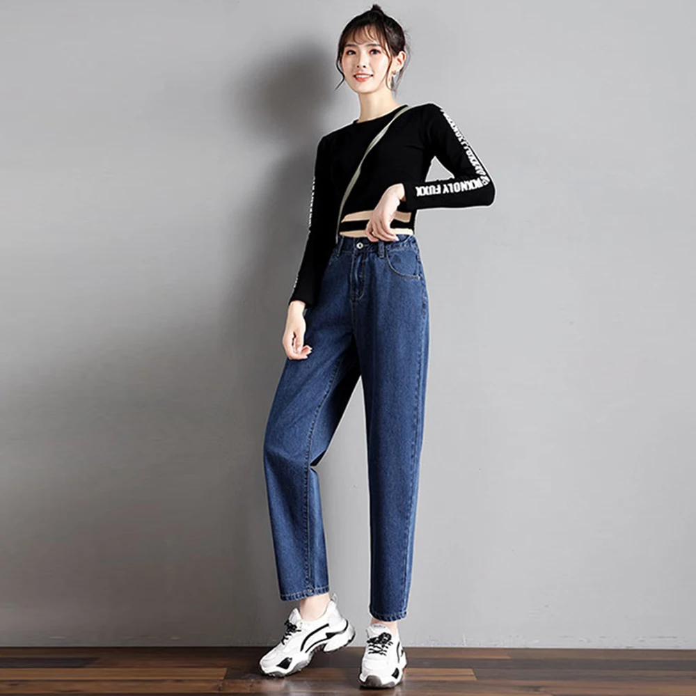 Women Jeans Elastic Waist Denim Pants Straight Trousers Ladies Casual Streetwear Mom Spring Autumn Ankle Length | Женская одежда