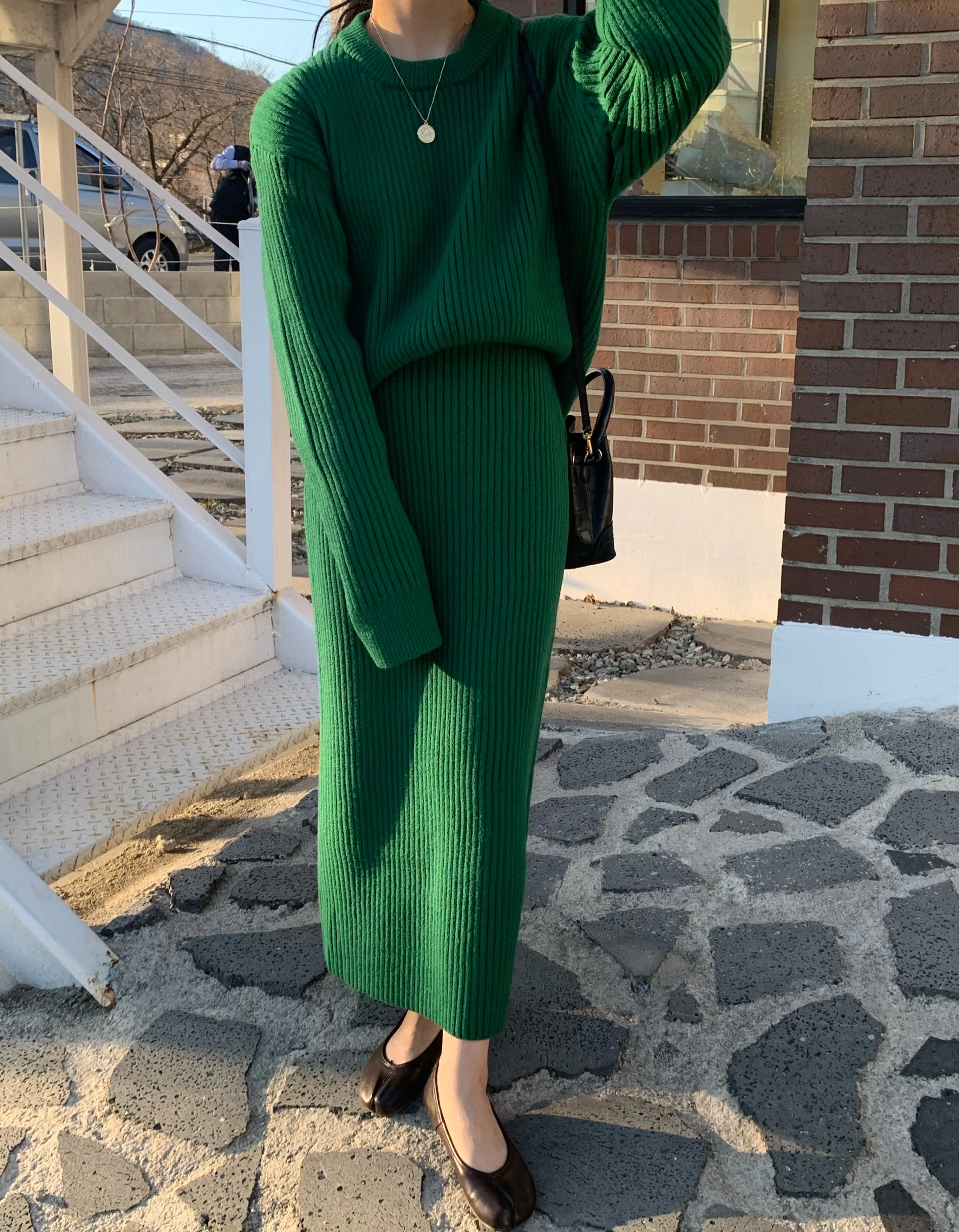 Warm Autumn Winter Two-Piece Set O-Neck Loose Sweater With High Waist Bag Hip Knitted Pencil Skirt Setup Women'S Stripe Outfit