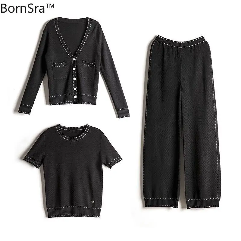 

Bornsra Fragrance Elegant Knitted 3 Piece Pant Set Autumn Winter Women Fashion Cardigan+Short Sleeve Pullover Top+Loose Pant